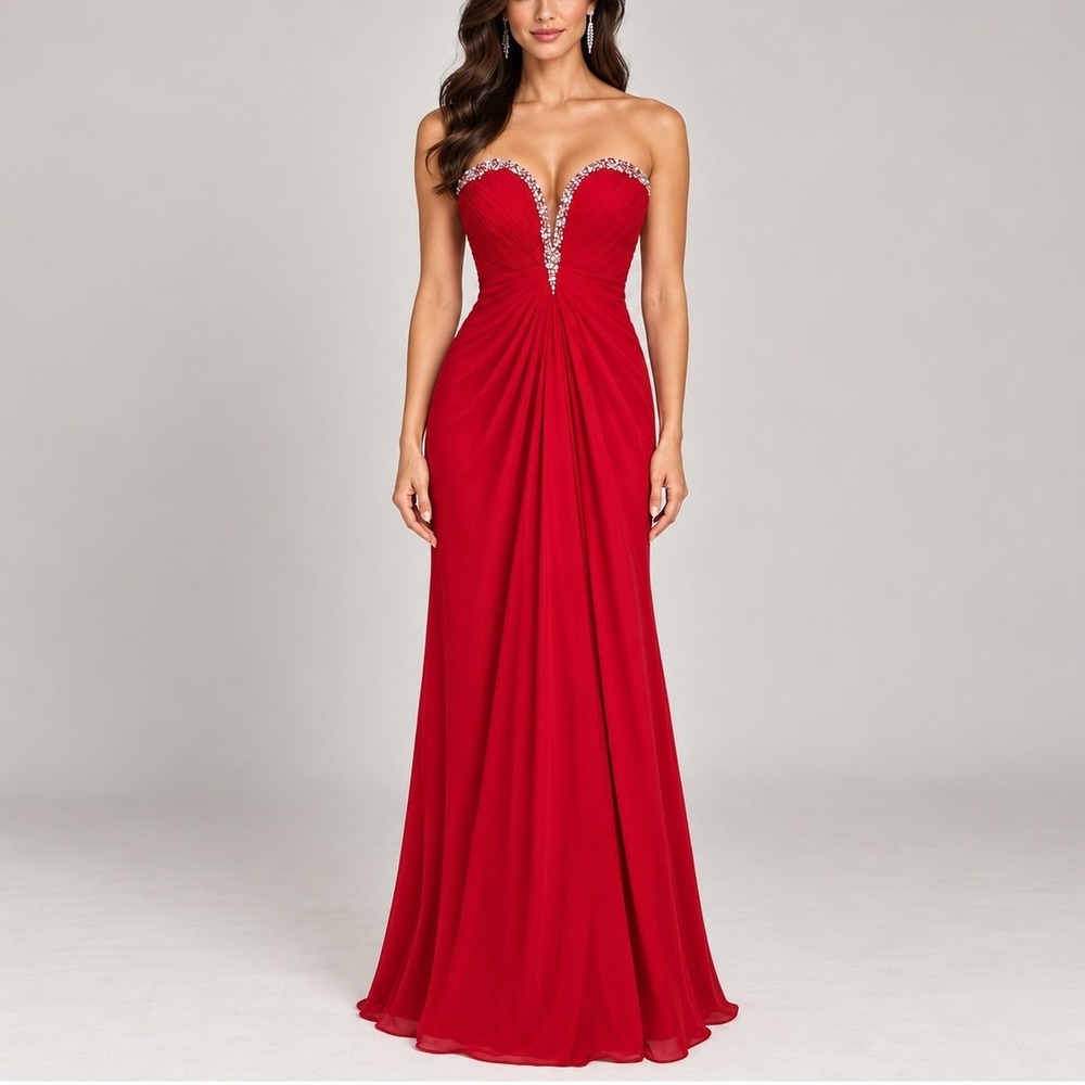 La Femme Strapless Gown Women 6 Red Beaded Sweetheart Dress